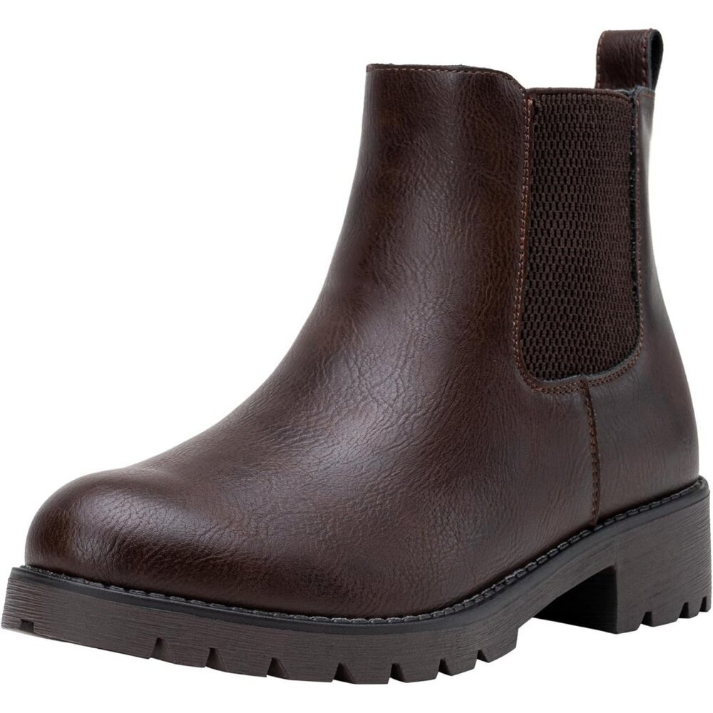Vepose Women's Brown Leather Chunky Block Heel Chelsea Ankle Pull-On Booties